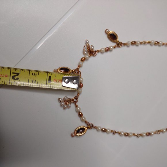 Pretty Gold Tone And White Bead Necklace Adjustable 14 To 16 Inches Long - Picture 10 of 12